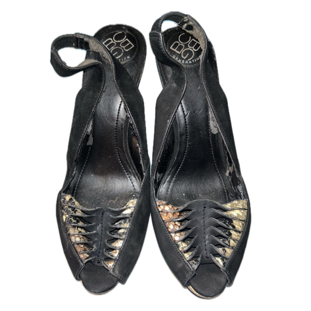BCBGeneration Black and Gold Strappy Heels
